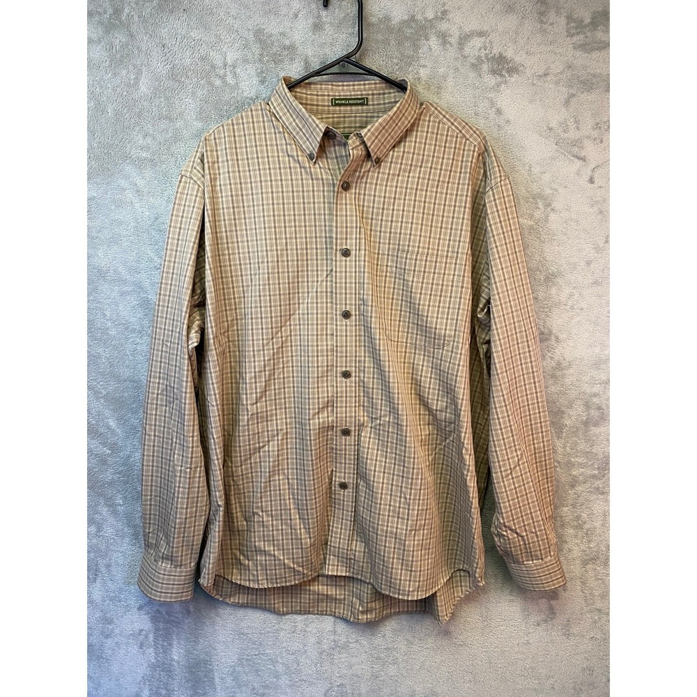 Eddie Bauer‎ Mens Large L Plaid Button Down Shirt Wrinkle Resistant Tan Brown